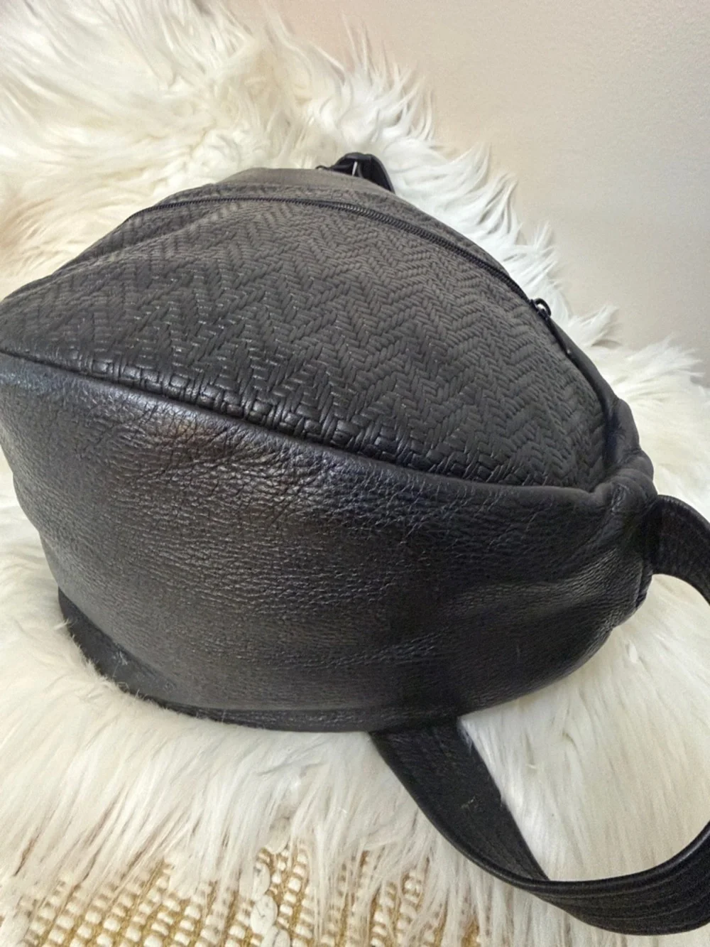 Black Textured Leather Sling Backpack for Men